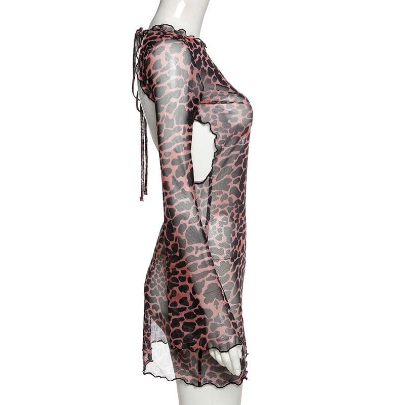 Sheer mesh leopard print contrast see through self tie backless mini d   Halibuy