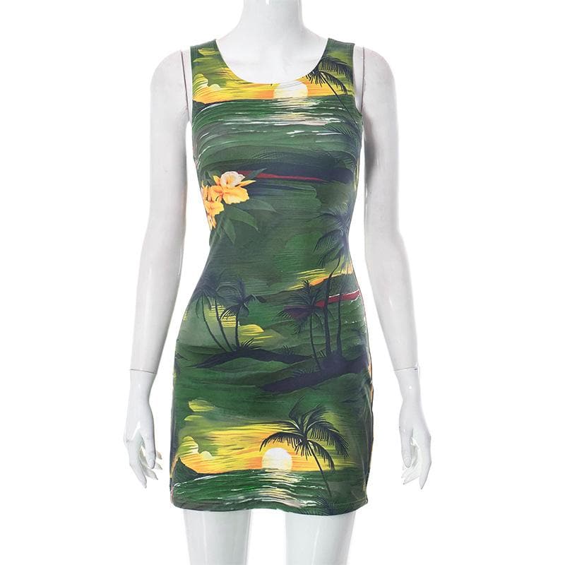 Sleeveless round neck abstract contrast mini dress - Final Sale