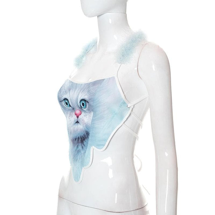 Cat print self tie open back feather halter crop top