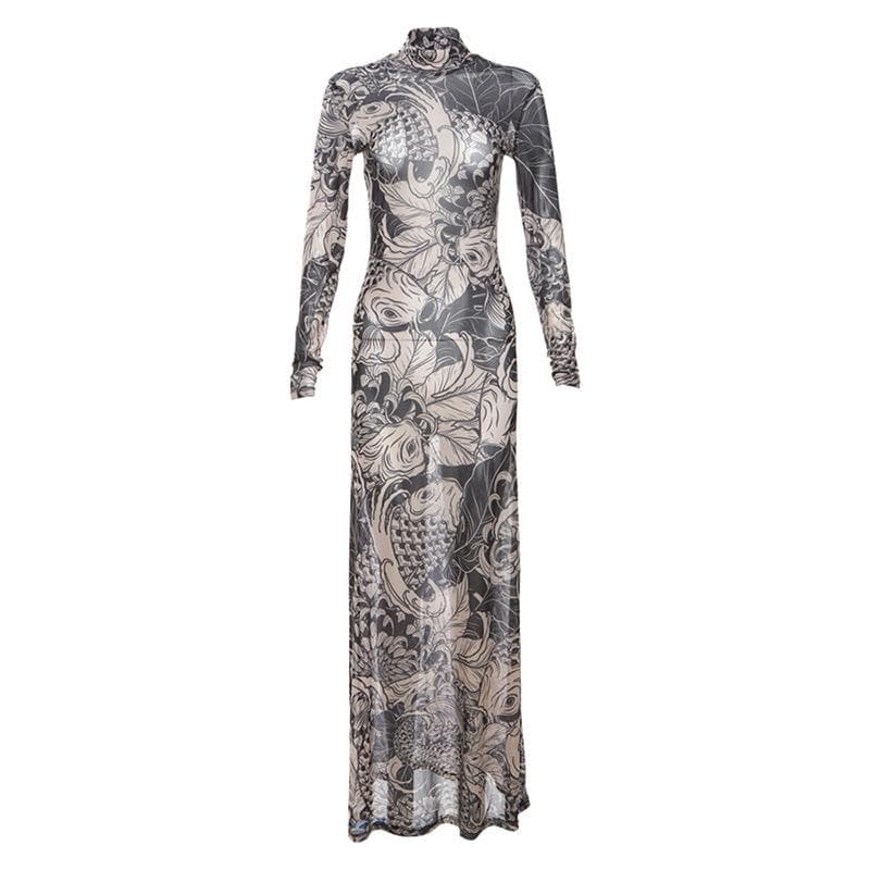 Sheer mesh see through abstract long sleeve high neck maxi dress