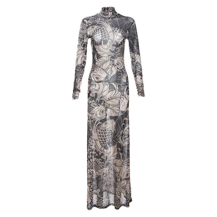 Sheer mesh see through abstract long sleeve high neck maxi dress