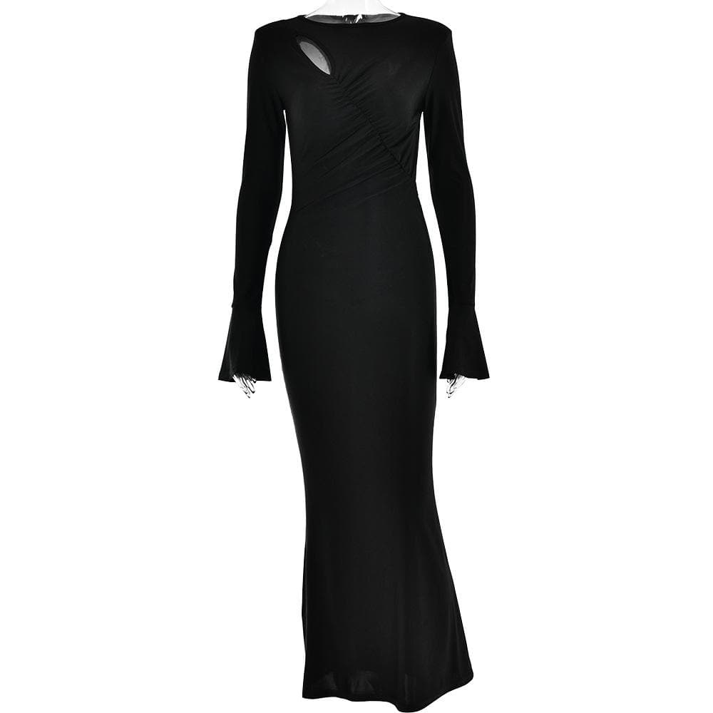 Ruched solid hollow out irregular long sleeve cut out maxi dress - Final Sale