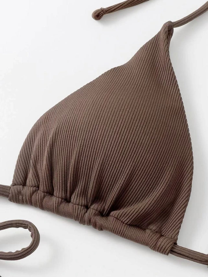 Solid self tie backless halter bikini swimwear