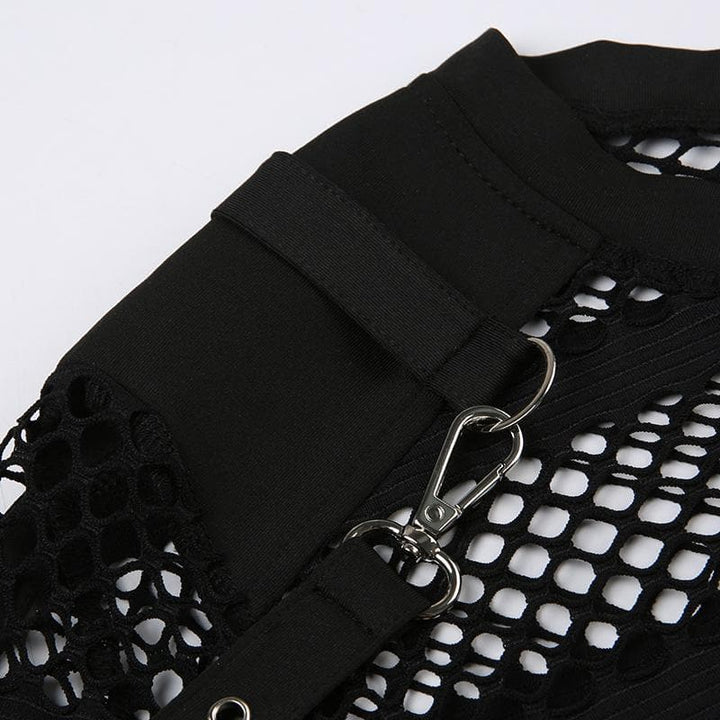 Hollow out long sleeve fishnet see through buckle solid crop cut out top