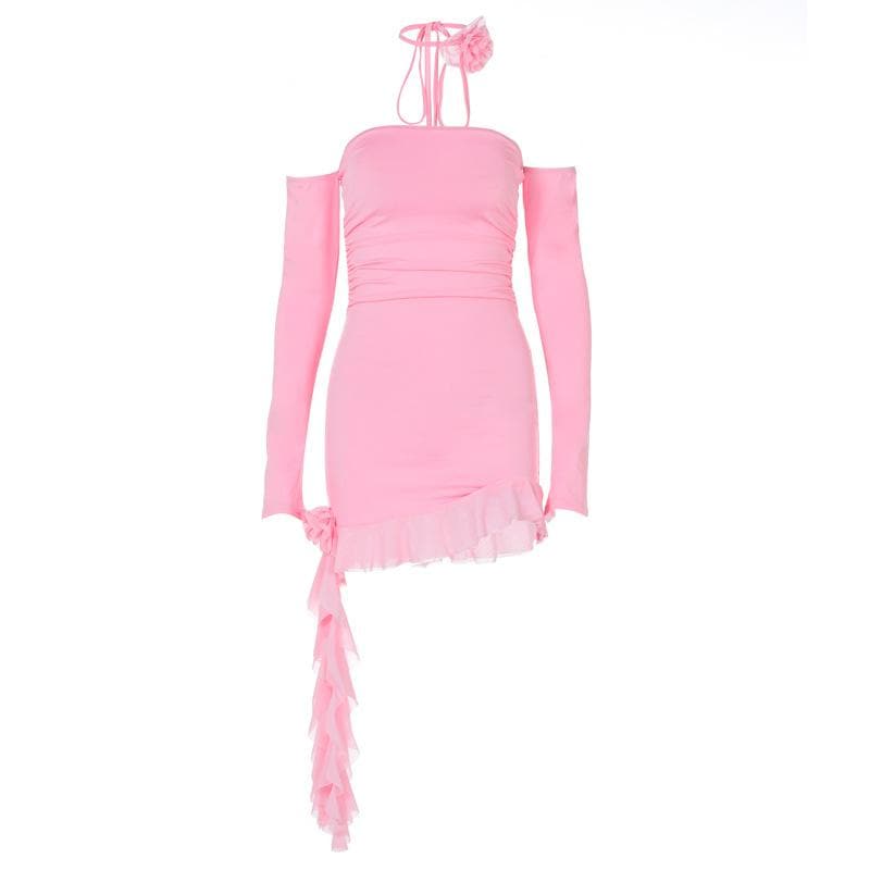 Long sleeve off shoulder flower applique ruffle ruched mini dress  | Festival Outfits Women
