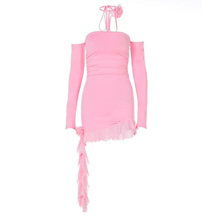 Long sleeve off shoulder flower applique ruffle ruched mini dress  | Festival Outfits Women