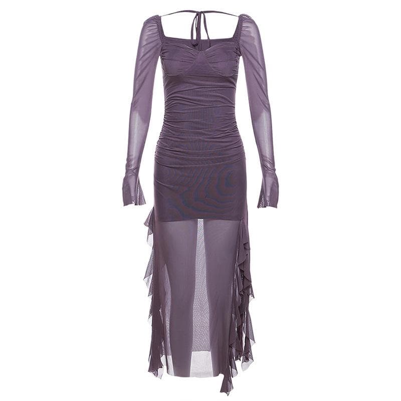 Mesh ruffle solid long sleeve ruched self tie slit maxi dress  | Festival Outfits Women