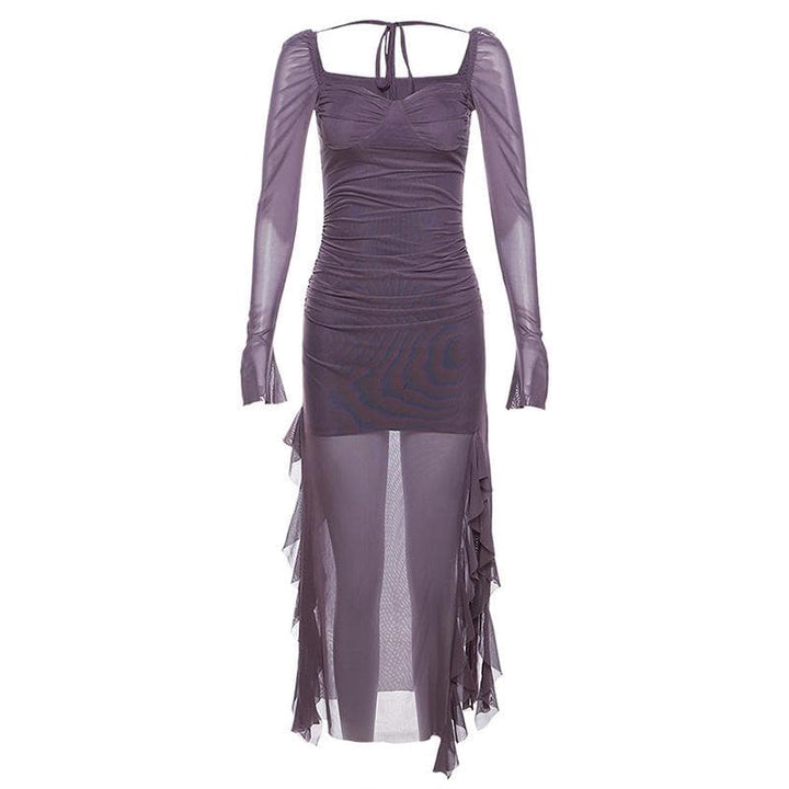 Mesh ruffle solid long sleeve ruched self tie slit maxi dress  | Festival Outfits Women
