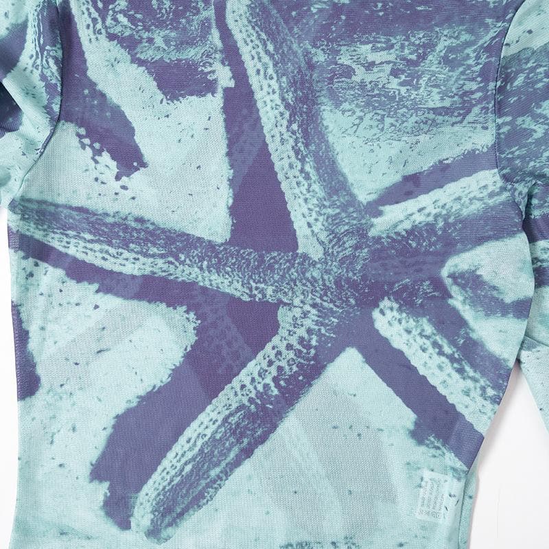 Sheer mesh see through flared sleeve contrast print 2-way top