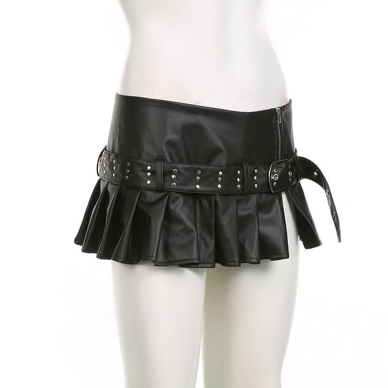 Buckle zip-up pleated low rise PU leather mini skirt Cargo Mini Skirt