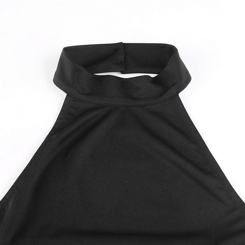 Sleeveless solid halter hollow out backless button cut out mini dress