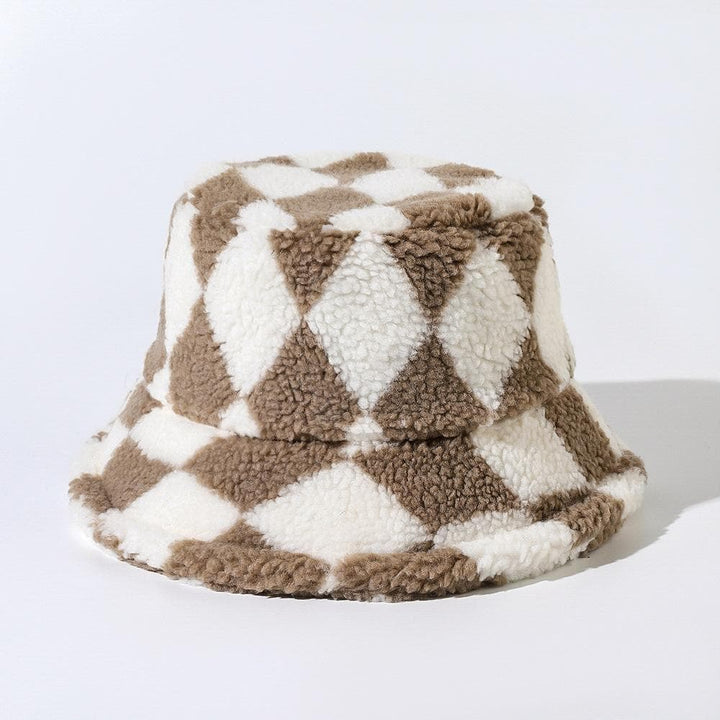 Plaid contrast fluffy fisherman bucket hat