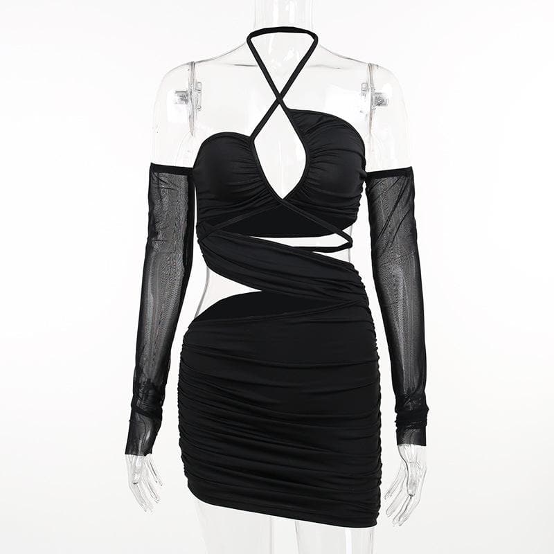 Ruched cross front hollow out halter off shoulder long sleeve backless cut out mini dress  | Festival Outfits Women