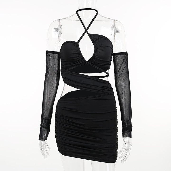 Ruched cross front hollow out halter off shoulder long sleeve backless cut out mini dress  | Festival Outfits Women