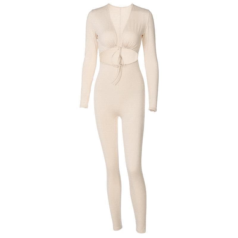 V-neck hollow out tie front jumpsuit - Halibuy