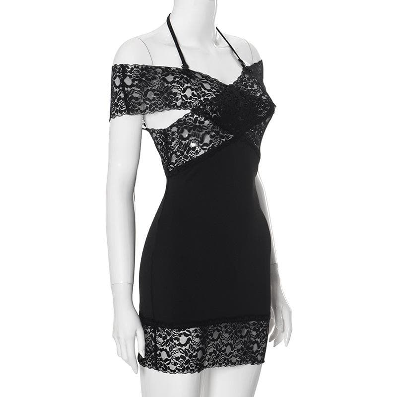 Halter off shoulder lace see through patchwork mini dress  | Festival Outfits Women