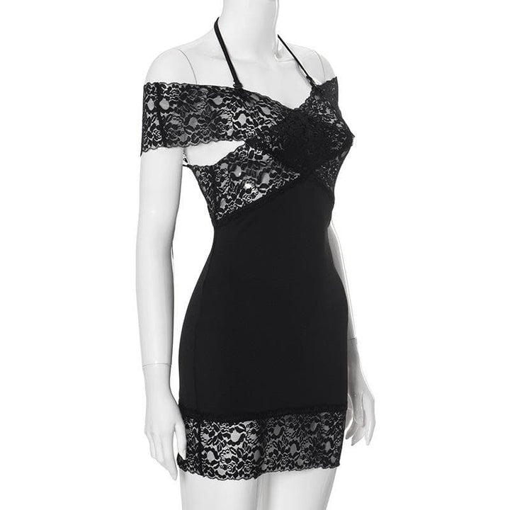 Halter off shoulder lace see through patchwork mini dress  | Festival Outfits Women