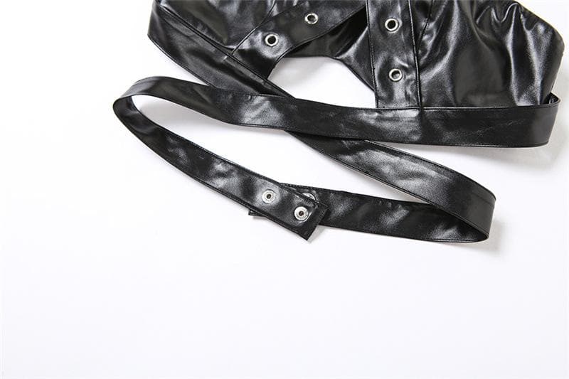 Cross front backless button PU leather hollow out crop cut out top