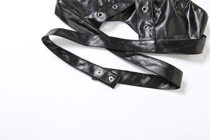 Cross front backless button PU leather hollow out crop cut out top