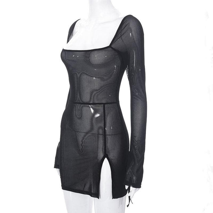 Sheer mesh see through square neck slit long sleeve mini dress-final-sale