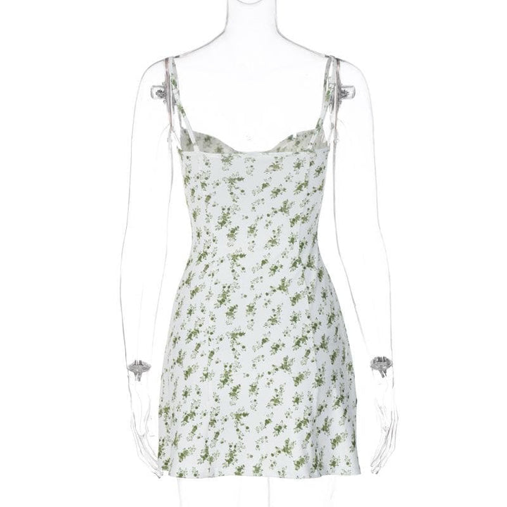 Low cut sleeveless flower pattern backless cami mini dress