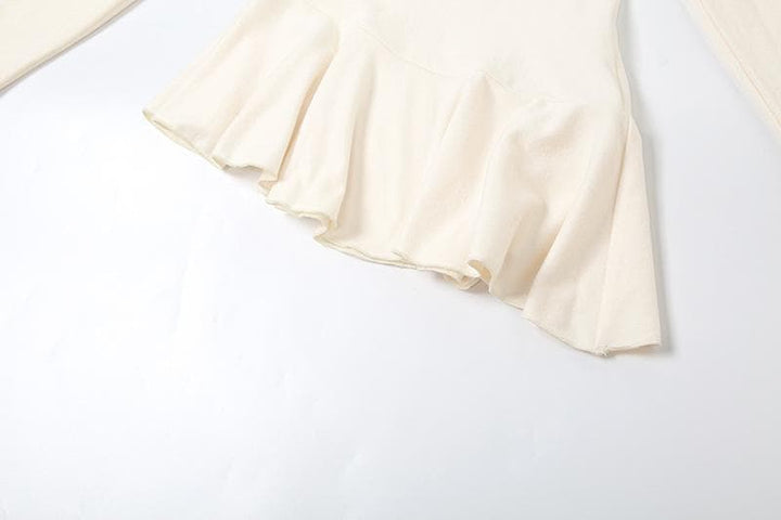 Off shoulder ruffle flower applique long flared sleeve ruched top  | Festival Outfits Women