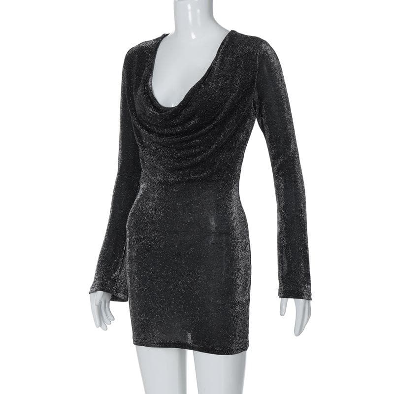 Long sleeve cowl neck ruched glitter solid mini dress  | Festival Outfits Women
