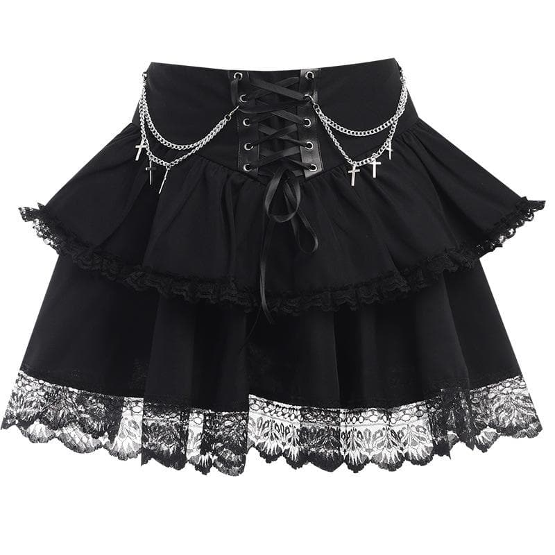 Ruched lace hem metal chain lace up zip-up mini skirt | victorian gothic dresses  | Festival Outfits Women