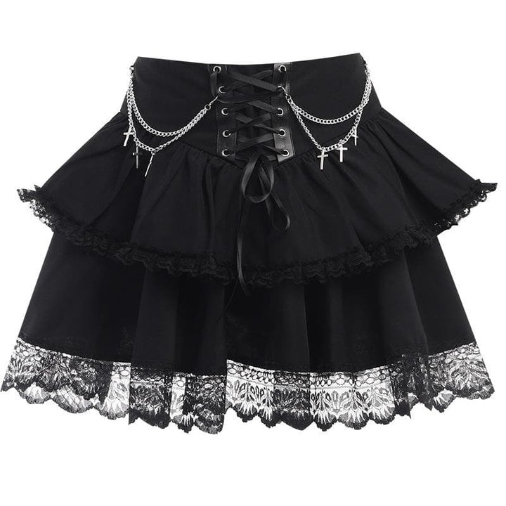 Ruched lace hem metal chain lace up zip-up mini skirt | victorian gothic dresses  | Festival Outfits Women