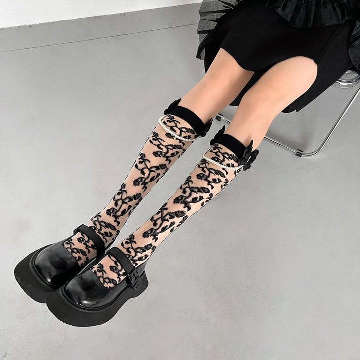 Butterfly applique faux pearl knee high socks