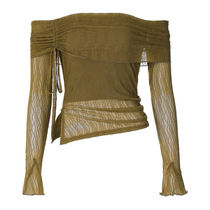 Long flared sleeve off shoulder drawstring ruched mesh top  | Festival Outfits Women