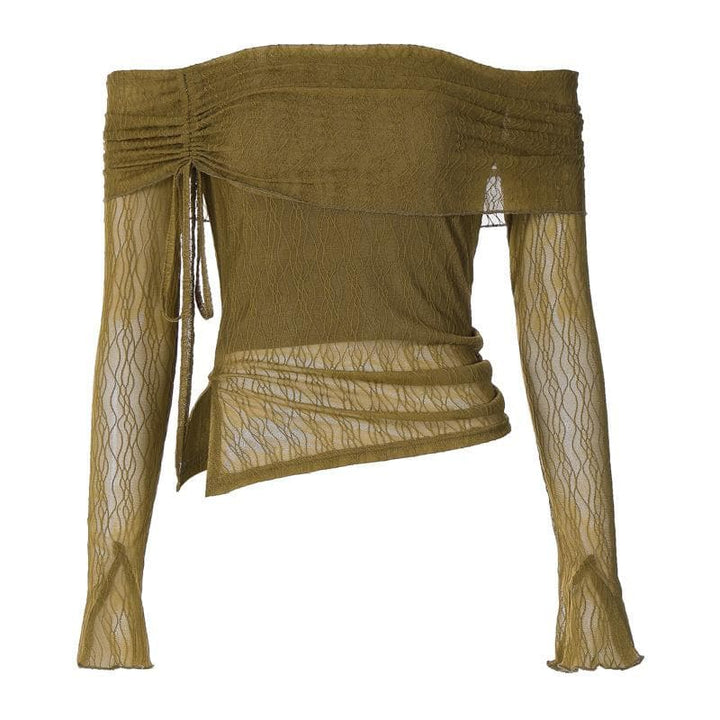 Long flared sleeve off shoulder drawstring ruched mesh top  | Festival Outfits Women