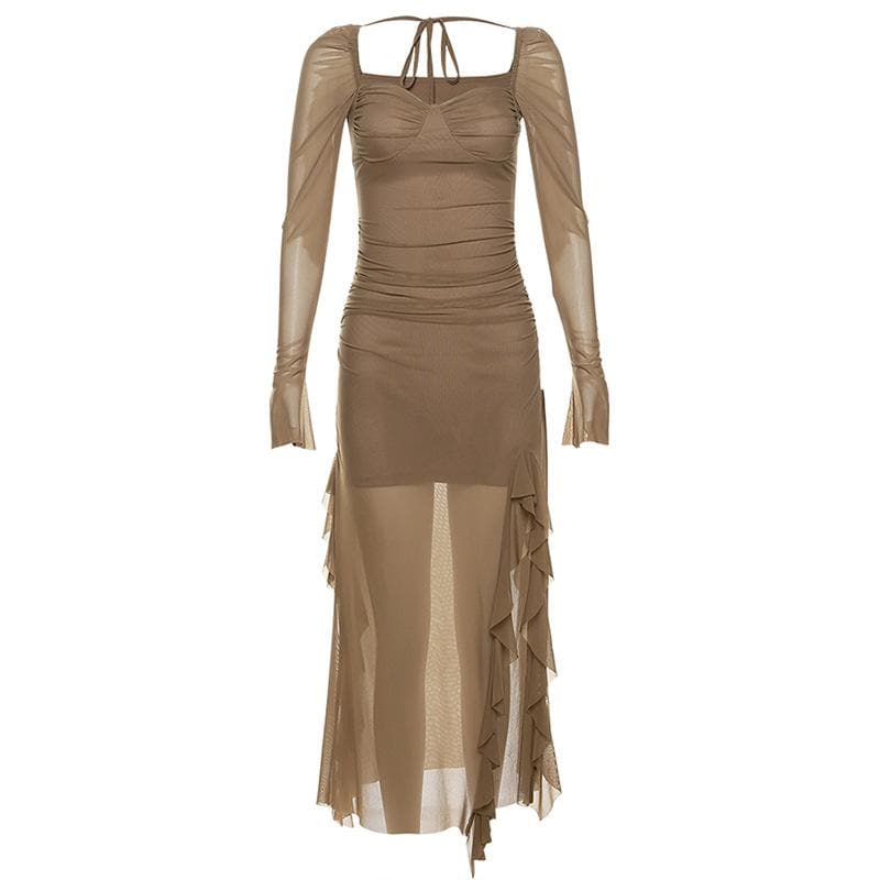 Mesh ruffle solid long sleeve ruched self tie slit maxi dress | Festiv Halibuy Mesh ruffle solid long sleeve ruched self tie slit maxi dress | Festiv Halibuy