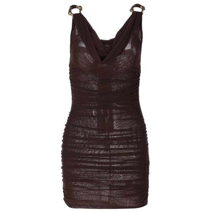 Cowl neck ruched o ring sheer mesh bowknot ribbon backless cami mini dress  | Festival Outfits Women