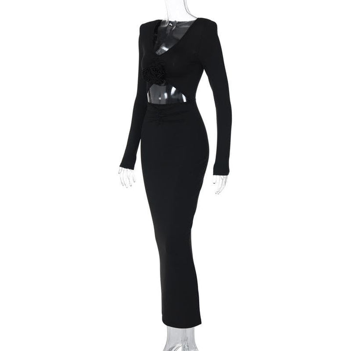 Long sleeve padded ruched flower applique hollow out cut out midi dress  | Festival Outfits Women