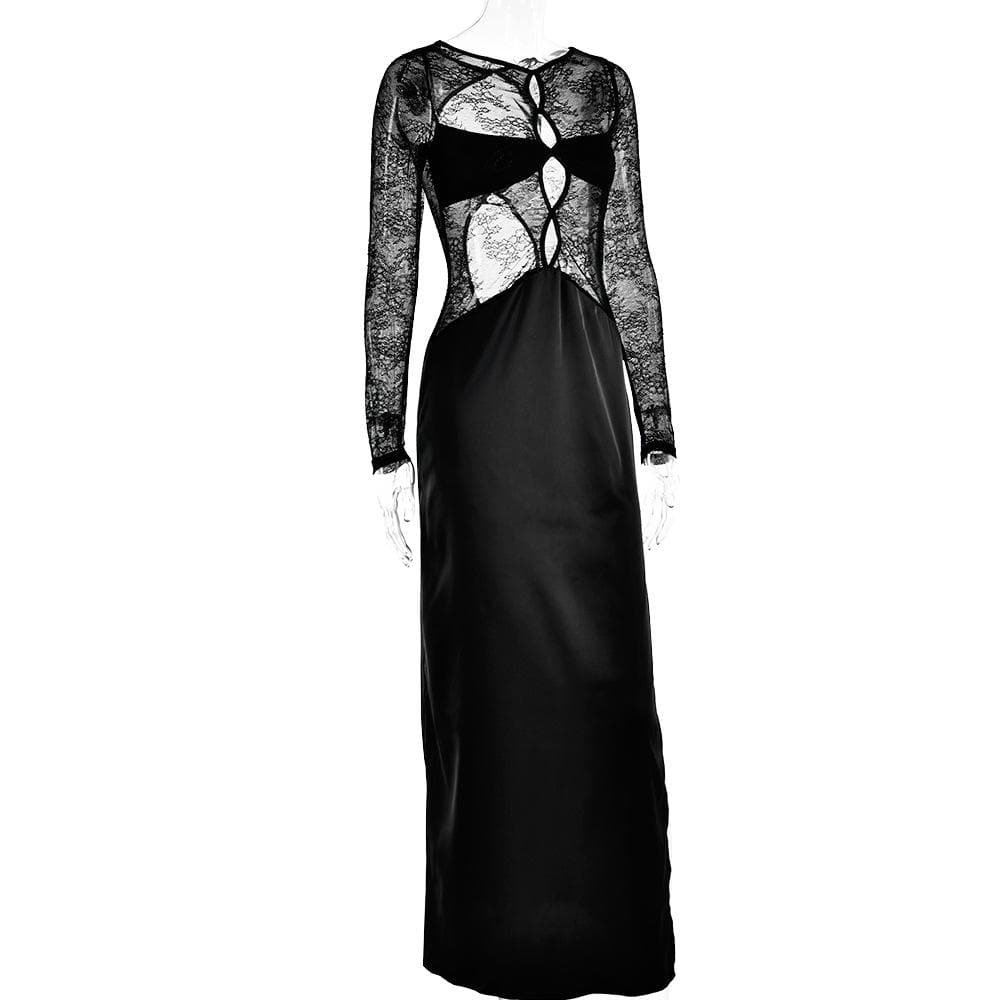 Long sleeve crewneck lace hollow out high slit cut out maxi dress  | Festival Outfits Women