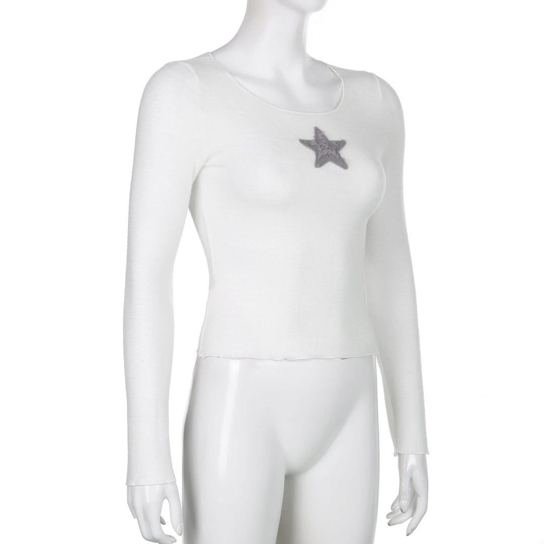 Star embroidery long sleeve ruffle round neck top- Final Sale