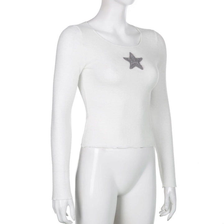 Star embroidery long sleeve ruffle round neck top- Final Sale