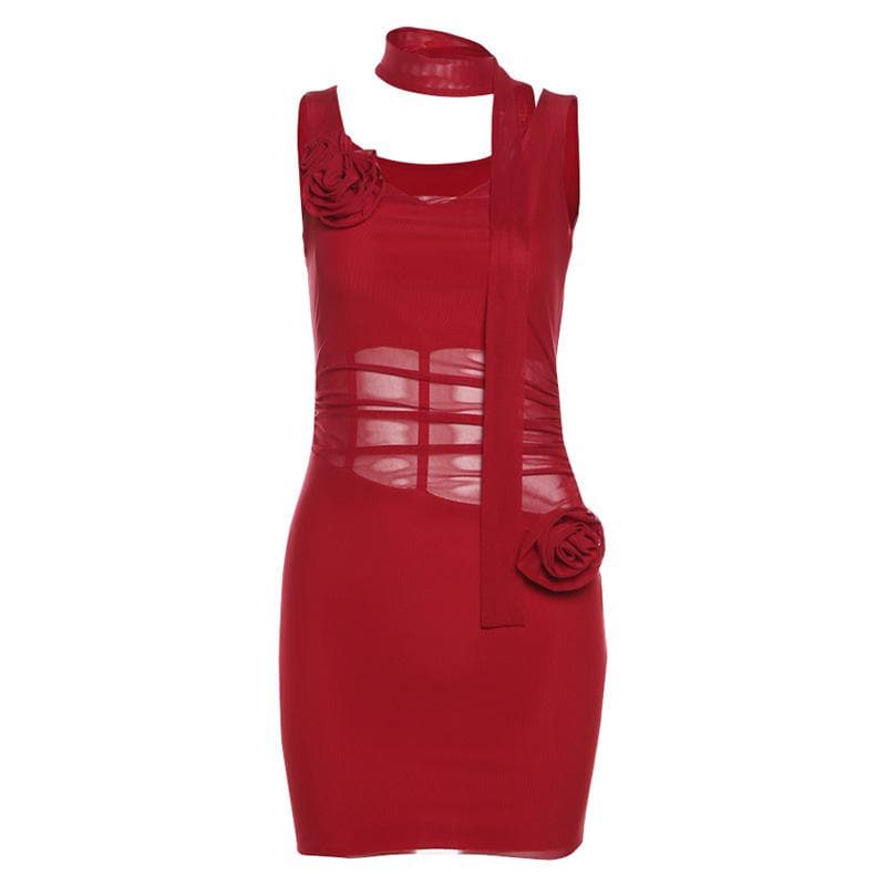 Cowl neck sheer mesh flower applique cami mini dress  | Festival Outfits Women