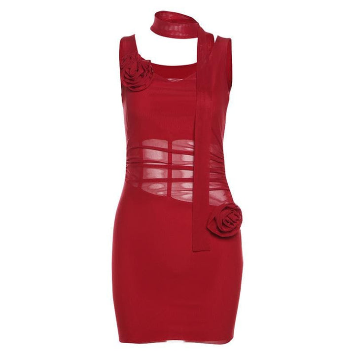 Cowl neck sheer mesh flower applique cami mini dress  | Festival Outfits Women