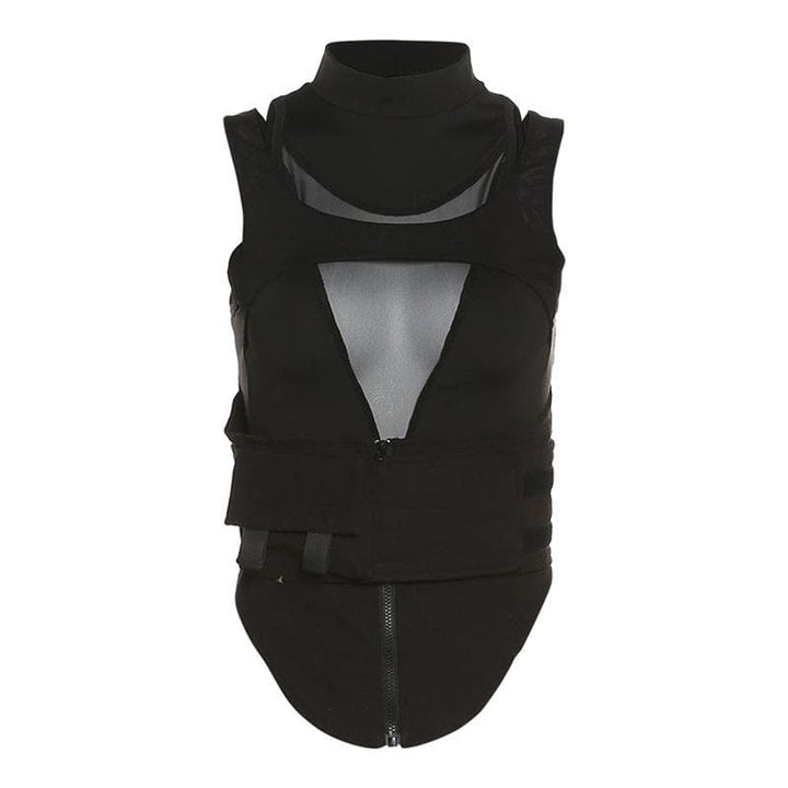 Hollow out high neck corset sleeveless zip-up crop cut out top