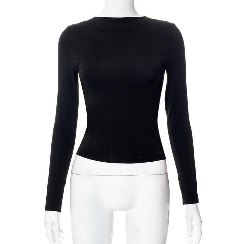 Hollow out solid long sleeve backless cut out top-final-sale