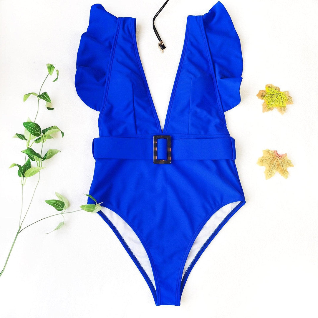 V neck ruffled one piece swimwear - Halibuy