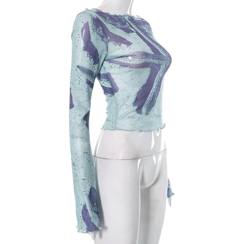Sheer mesh see through flared sleeve contrast print 2-way top