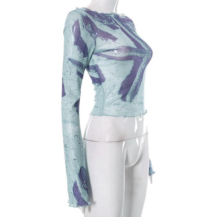 Sheer mesh see through flared sleeve contrast print 2-way top
