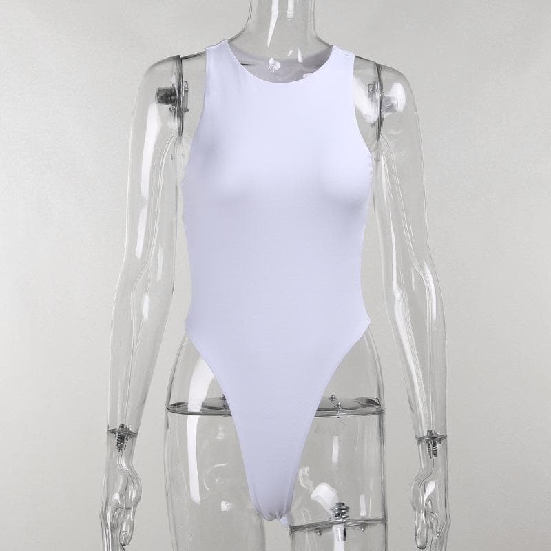 Double layered open back solid round neck sleeveless bodysuit