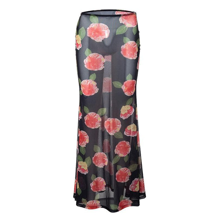 Sheer mesh flower print contrast maxi skirt  | Festival Outfits Women