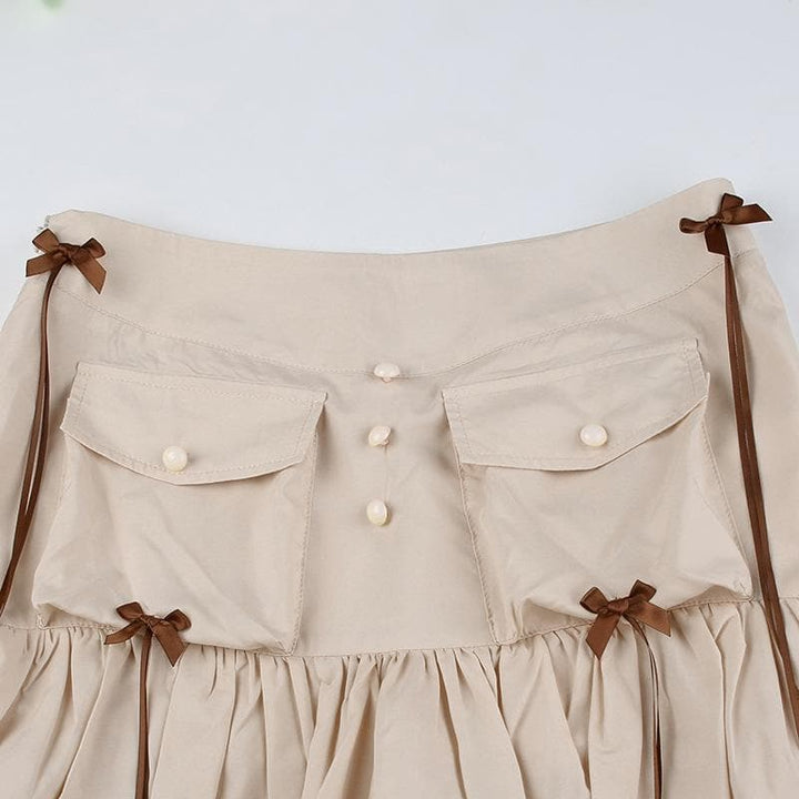 Ruffle ribbon zip-up bowknot button pocket mini skirt  | Festival Outfits Women