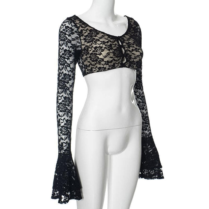 Long flared sleeve lace u neck button backless crop top  | Festival Outfits Women