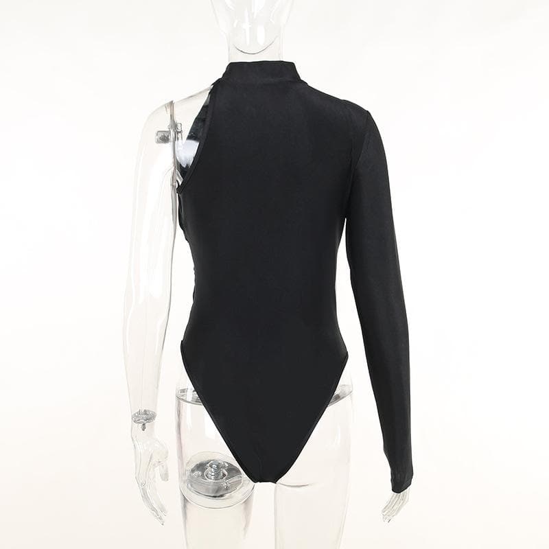 One shoulder ruched irregular high neck solid bodysuit